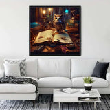 Diamond Painting Owl with book and candles, displayed in living room, Paint by Numbers kit