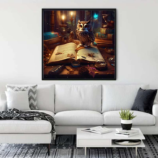 Diamond Painting Owl with book and candles, displayed in living room, Paint by Numbers kit