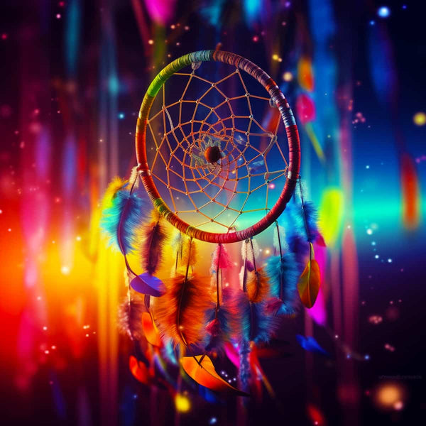 Dream catcher with vibrant colors and lights, featured in a diamond painting kit, perfect for Paint by Numbers art projects