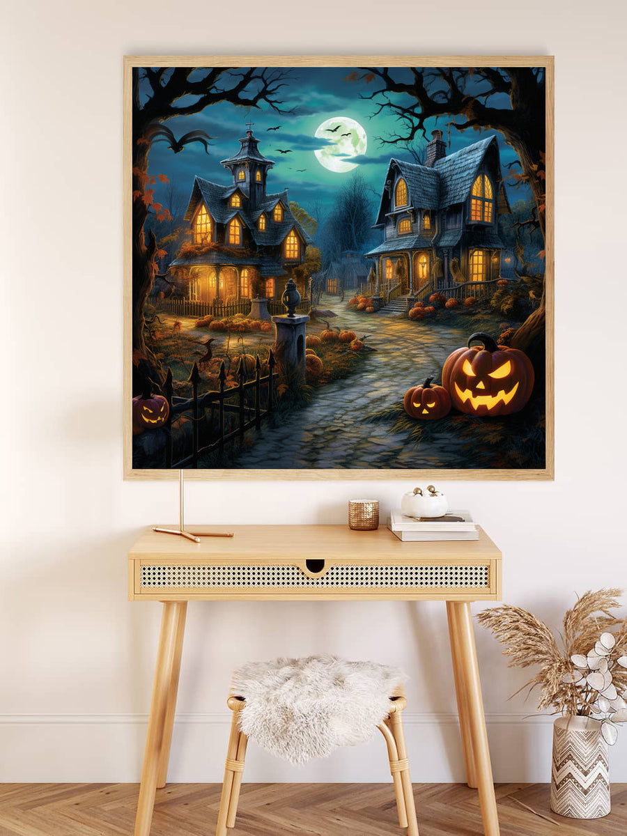 Paint by Numbers - Halloween Nights with spooky house, Jack-o'-lanterns, and full moon hanging on wall above wooden desk and stool