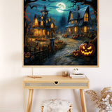 Paint by Numbers - Halloween Nights with spooky house, Jack-o'-lanterns, and full moon hanging on wall above wooden desk and stool