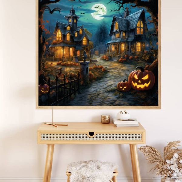 Paint by Numbers - Halloween Nights with spooky house, Jack-o'-lanterns, and full moon hanging on wall above wooden desk and stool