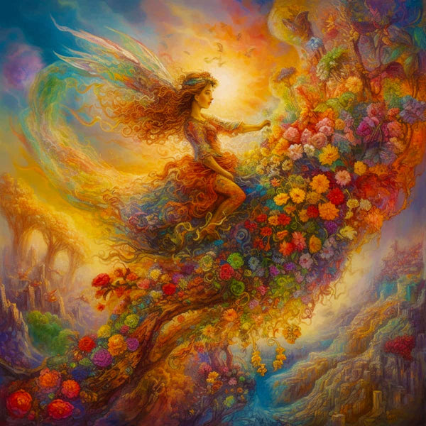 Enchanting fairy surrounded by vibrant flowers and magical scenery in a colorful, fantasy-themed diamond painting.