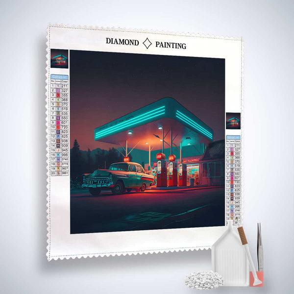 AB Diamond Painting Kit - Route 66 Gas Station featuring a night scene with classic car, professional canvas, tweezers, and acrylic diamonds