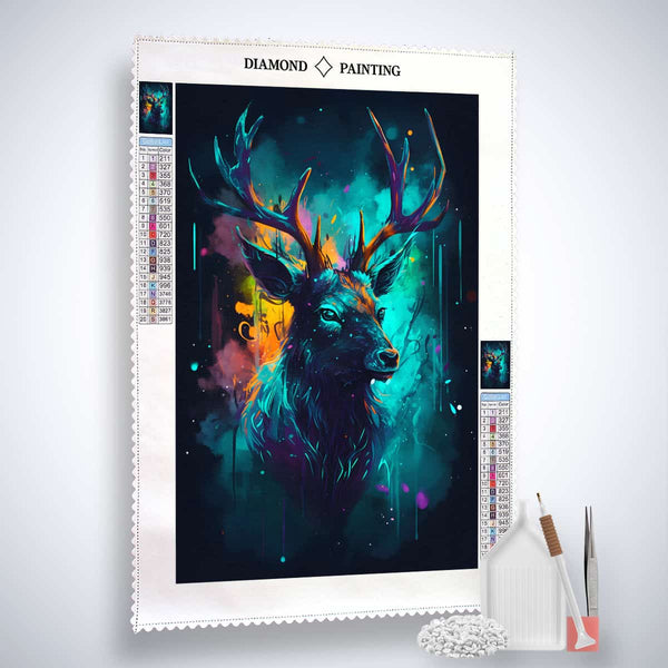 Diamond Painting - Deer Portrait in the Night with enhanced acrylic diamonds, canvas, artist's tweezers, and application pen for paint by numbers.