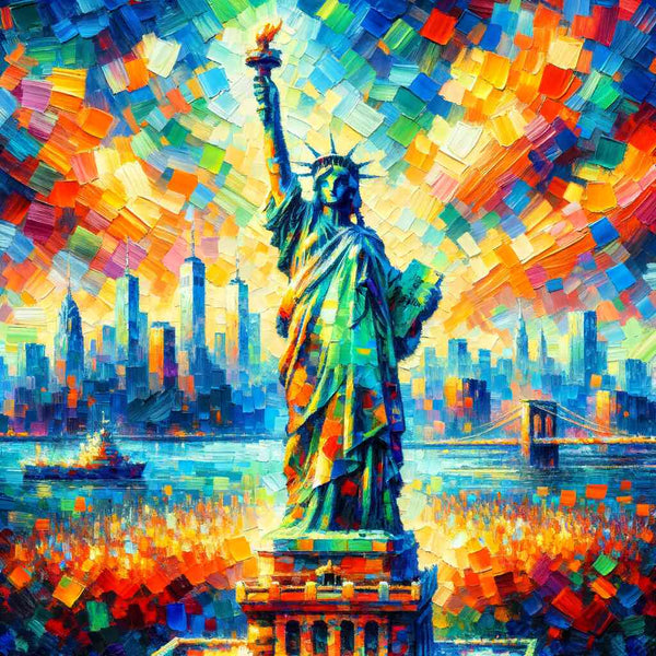 Paint by Numbers - Shining Freedom: Statue of Liberty with colorful cubist New York skyline in impressionistic style.