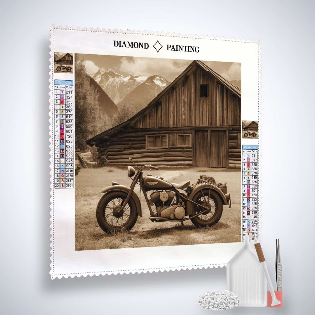 Retro racing motorcycle diamond painting kit with rustic barn and mountain backdrop. Includes canvas, acrylic diamonds, tweezers, and pen.