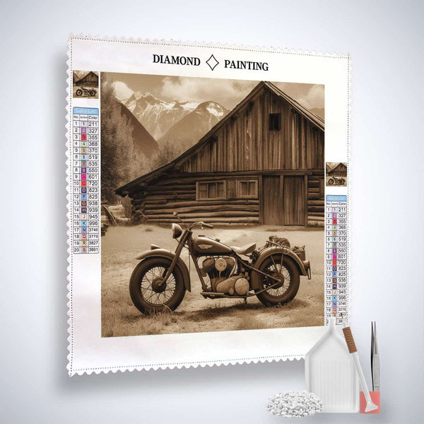 Retro racing motorcycle diamond painting kit with rustic barn and mountain backdrop. Includes canvas, acrylic diamonds, tweezers, and pen.