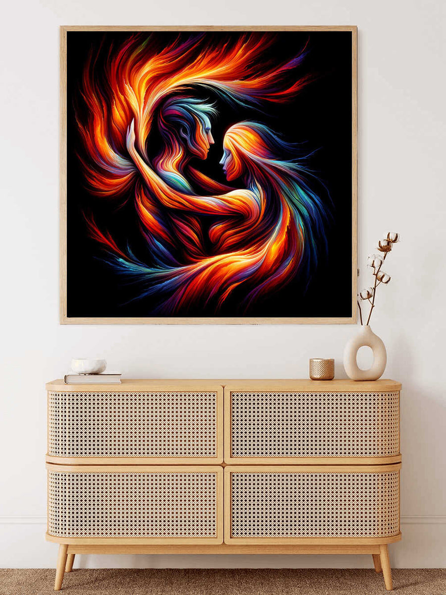 Paint by Numbers - Abstract art of two faces merging with fiery tones and cool shades, symbolizing passion and calm.