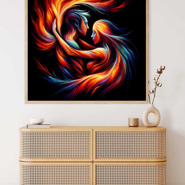 Paint by Numbers - Abstract art of two faces merging with fiery tones and cool shades, symbolizing passion and calm.