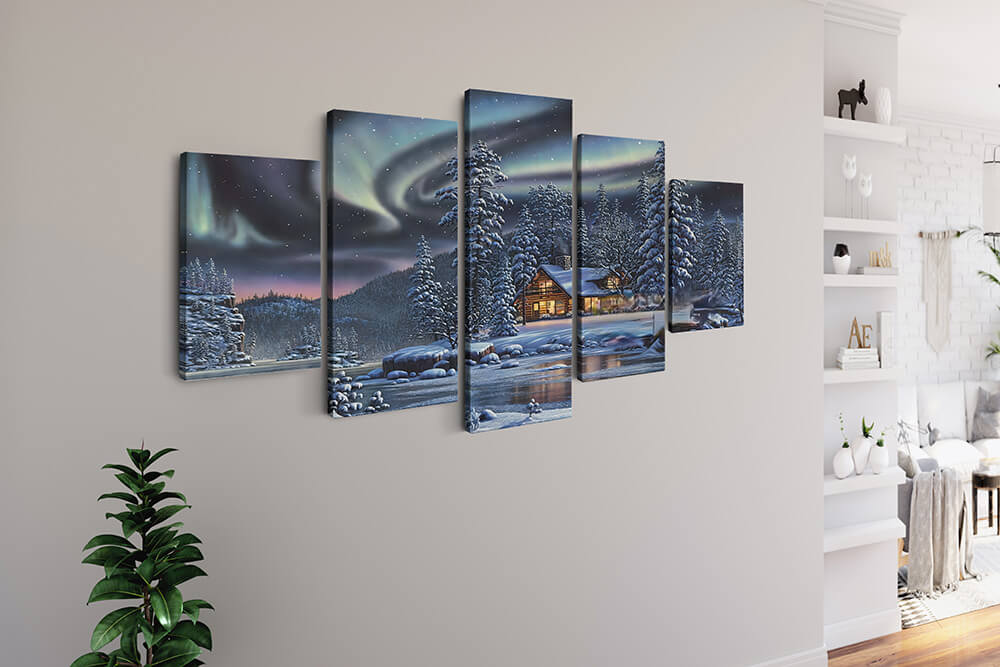 Malen nach Zahlen 5 teilig - Polarlichter im Winterwald, Haus am Fluss - hochwertige Leinwand - multi5, neue_bilder