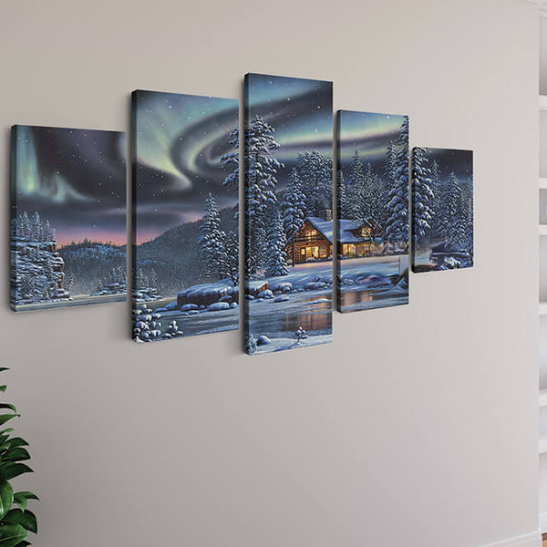 Malen nach Zahlen 5 teilig - Polarlichter im Winterwald, Haus am Fluss - hochwertige Leinwand - multi5, neue_bilder