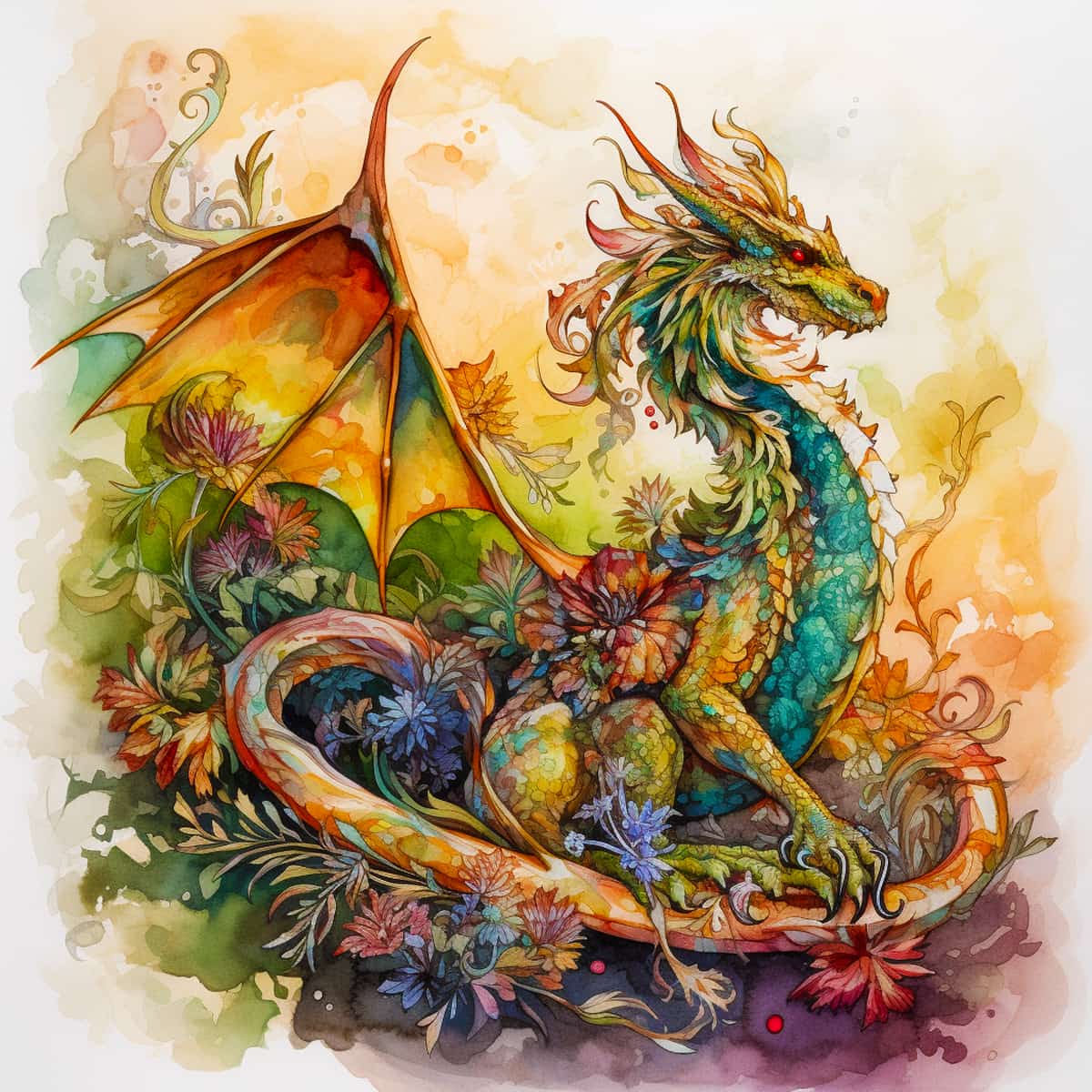 "Colorful diamond painting of a dragon with wings amidst a floral background, showcasing intricate detail and vibrant hues."