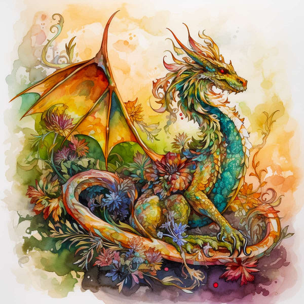 "Colorful diamond painting of a dragon with wings amidst a floral background, showcasing intricate detail and vibrant hues."
