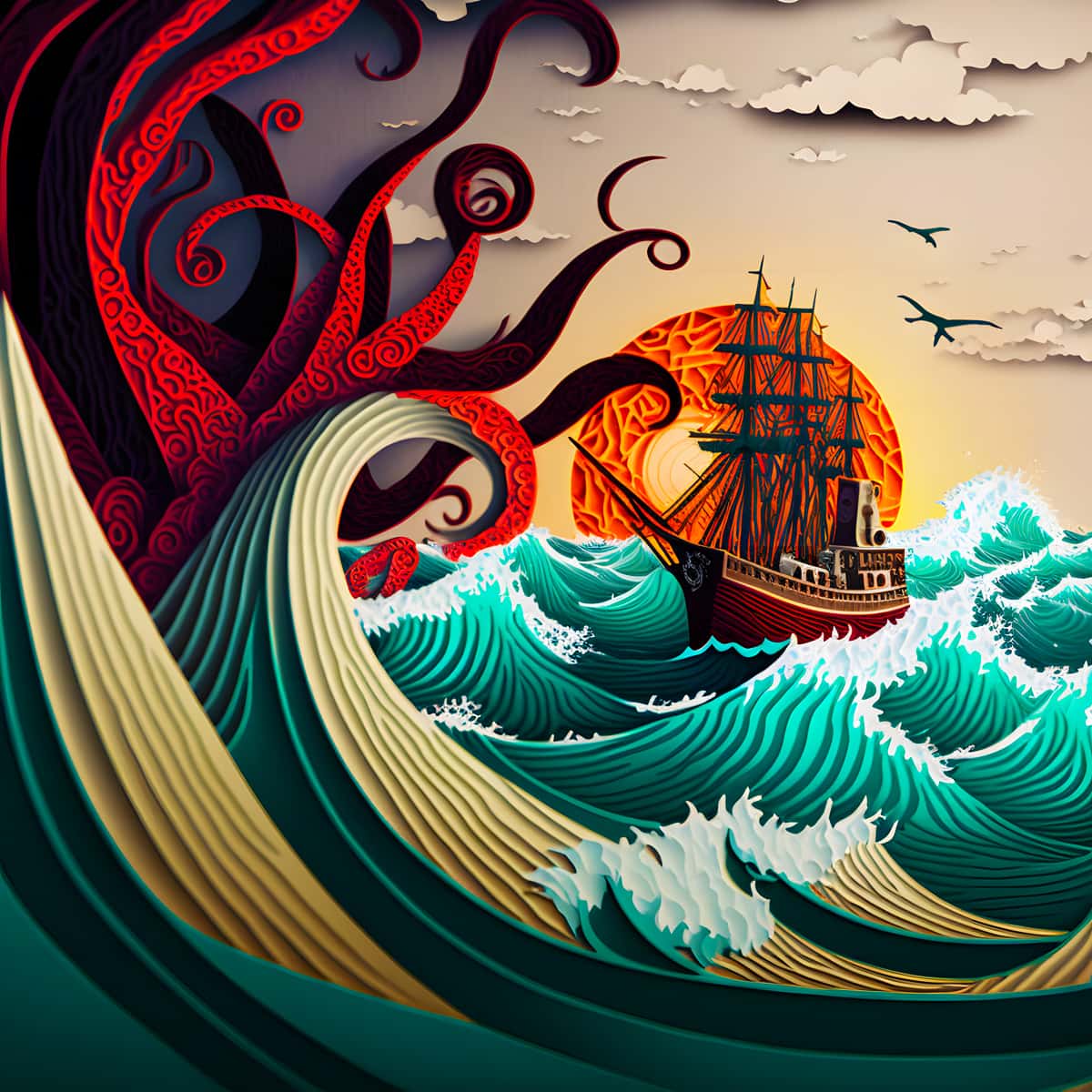Diamond painting of a ship navigating rough seas at sunset with intricate waves and a large octopus, perfect for Paint by Numbers enthusiasts.