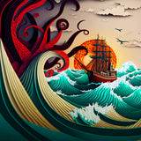 Diamond painting of a ship navigating rough seas at sunset with intricate waves and a large octopus, perfect for Paint by Numbers enthusiasts.