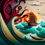Diamond painting of a ship navigating rough seas at sunset with intricate waves and a large octopus, perfect for Paint by Numbers enthusiasts.