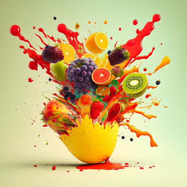 Vibrant explosion of colorful fruits in artistic splashes, featured in AB Diamond Painting - Fruit Explosion Destroy.