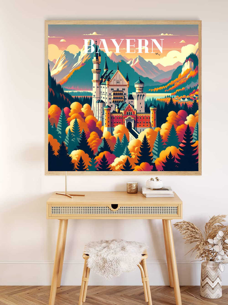 Paint by Numbers - Bavarian Dreams featuring Neuschwanstein Castle in a colorful autumn forest surrounded by the Alps, displayed on a wall above a desk