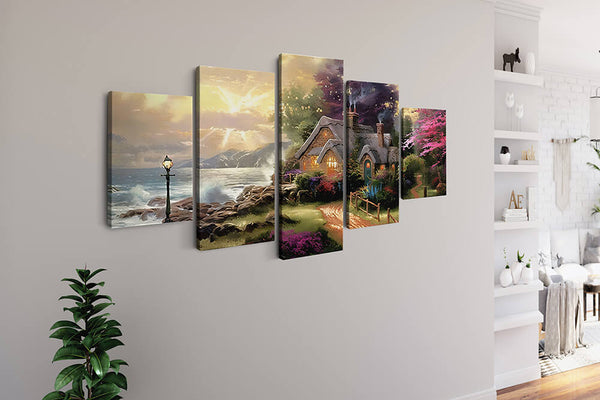 Malen nach Zahlen 5 teilig - Idyllisches Häuschen am Waldrand, Meeres Küste - hochwertige Leinwand - multi5, neue_bilder