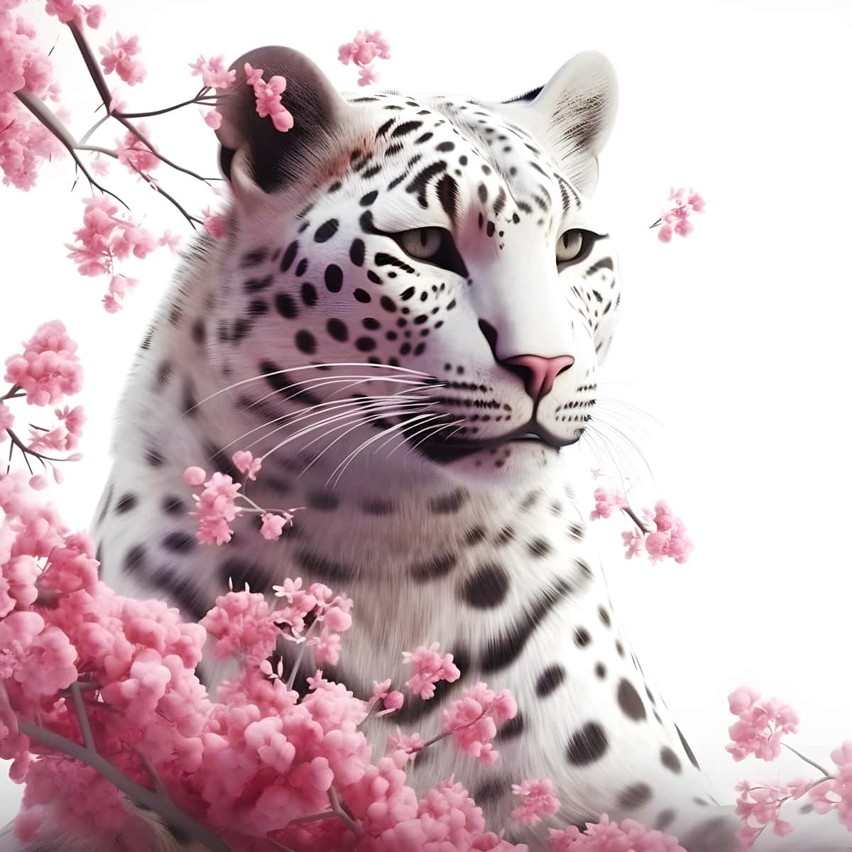 "Diamond Painting - Schneeleopard mit Rosenblüten Paint by Numbers Canvas Kit featuring a majestic snow leopard surrounded by pink blossoms"