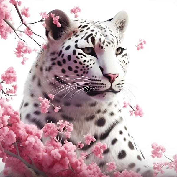 "Diamond Painting - Schneeleopard mit Rosenblüten Paint by Numbers Canvas Kit featuring a majestic snow leopard surrounded by pink blossoms"