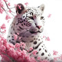 "Diamond Painting - Schneeleopard mit Rosenblüten Paint by Numbers Canvas Kit featuring a majestic snow leopard surrounded by pink blossoms"