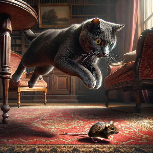 Paint by Numbers - cat jumping towards mouse in Victorian-style room with red carpet, sunlight casting shadows, photorealistic painting.
