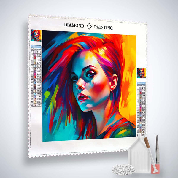 Diamond Painting Kit featuring a vibrant future woman design with included tools and enhanced acrylic diamonds for paint by numbers enthusiasts