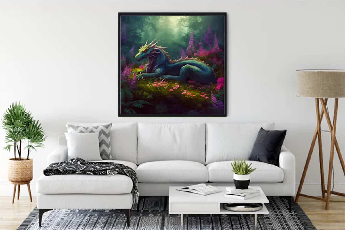 Framed dragon diamond painting in a living room with modern white sofa and plants.