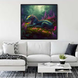 Framed dragon diamond painting in a living room with modern white sofa and plants.