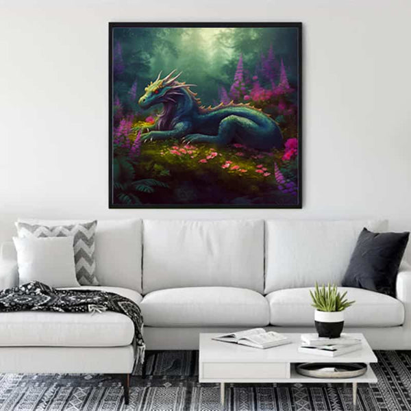 Framed dragon diamond painting in a living room with modern white sofa and plants.