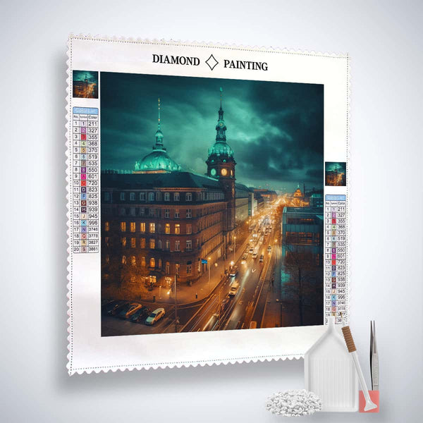 Diamond Painting Kit of Hamburg cityscape sideway view with canvas, acrylic diamonds, tweezers, pen, and multiplacer. Paint by Numbers.