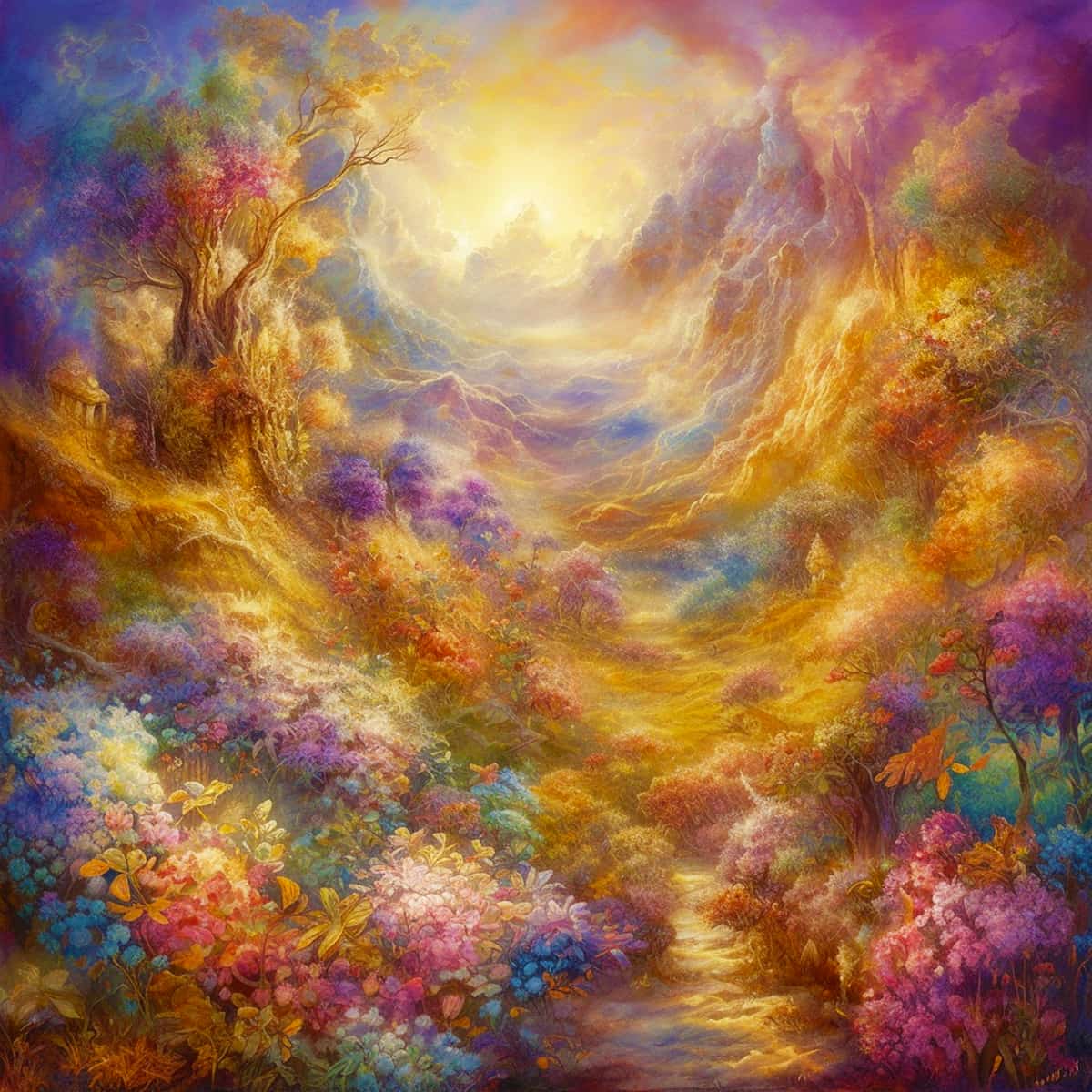 Colorful landscape diamond painting of a vibrant forest path with mountains in the background, for paint by numbers enthusiasts.