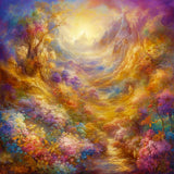 Colorful landscape diamond painting of a vibrant forest path with mountains in the background, for paint by numbers enthusiasts.