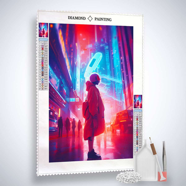 AB Diamond Painting - Neon city sideways, glowing futuristic cityscape with acrylic diamonds, Paint by Numbers kit included
