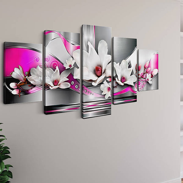 Malen nach Zahlen 5 teilig - Abstrakte Blumen in Weiß mit Pink - hochwertige Leinwand - multi5, neue_bilder