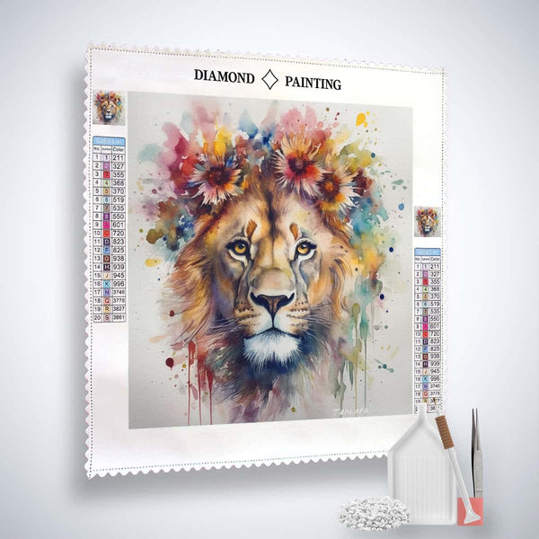 Diamond Painting Kit of a majestic lion with a vibrant, colorful mane, including acrylic diamonds, tweezers, and application pen. Paint by Numbers.