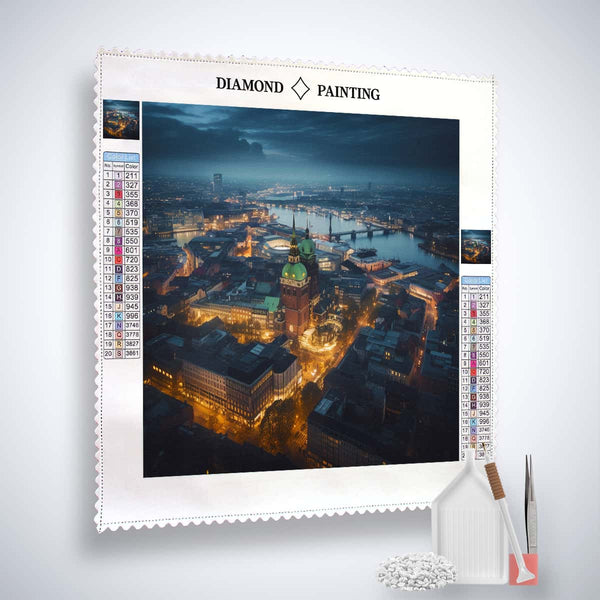 Diamond Painting Kit of Hamburg cityscape from above, complete with professional canvas, acrylic diamonds, tweezers, and application pen