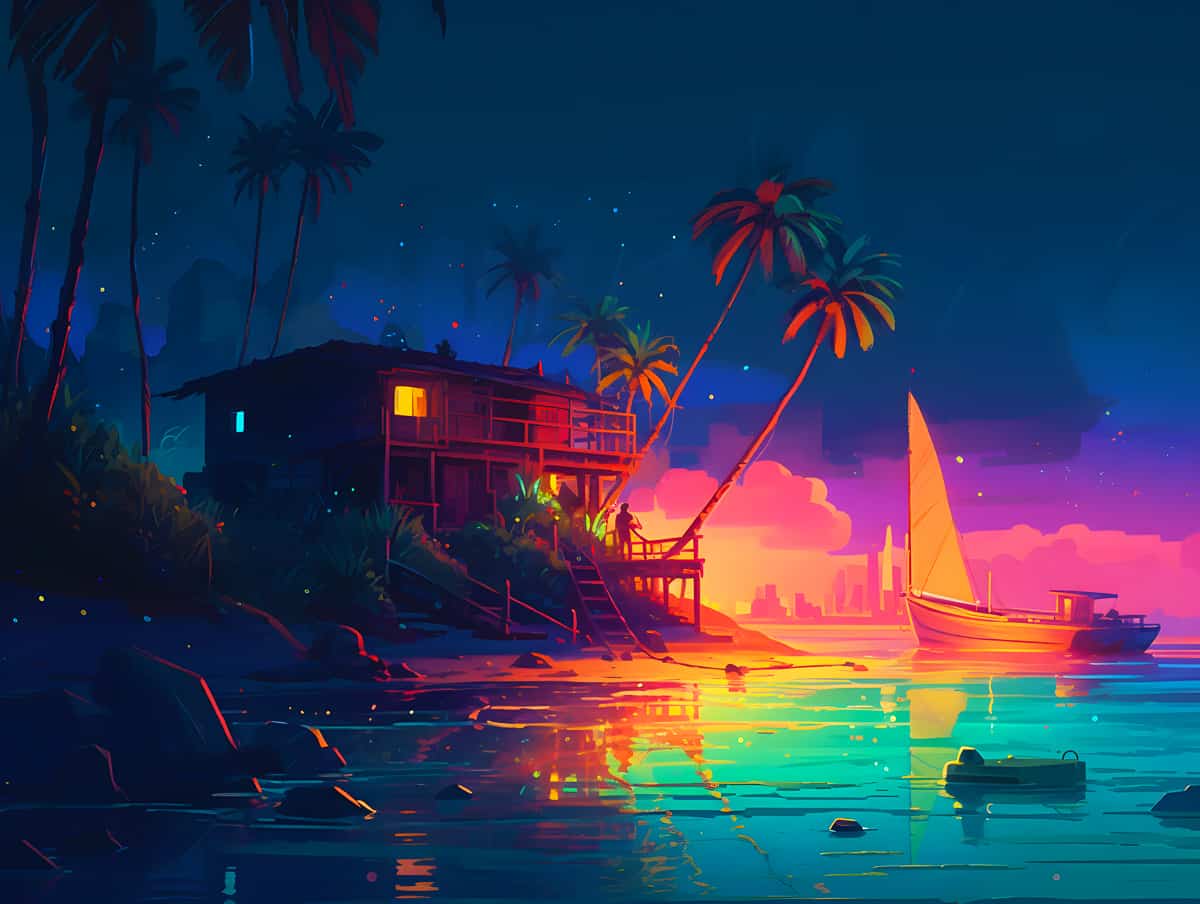 Vibrant beach party scene at sunset with a boat on the water, palm trees, and a house illuminated by colorful lights.