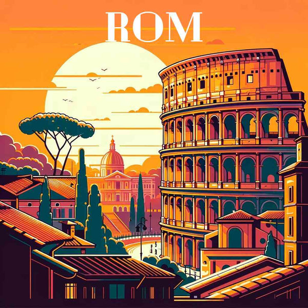 Paint by Numbers - Roman Twilight with Colosseum in sunset colors of flaming orange and deep purple for a modern yet nostalgic scene