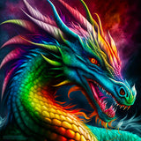 Vivid rainbow-colored dragon with fierce expression and intricate scales against a dark, fiery background.