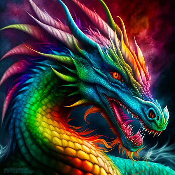 Vivid rainbow-colored dragon with fierce expression and intricate scales against a dark, fiery background.