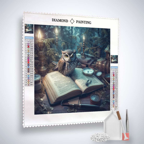 Diamond Painting Kit featuring an owl on a book, paint by numbers canvas with acrylic diamonds, tweezers, and application pen.