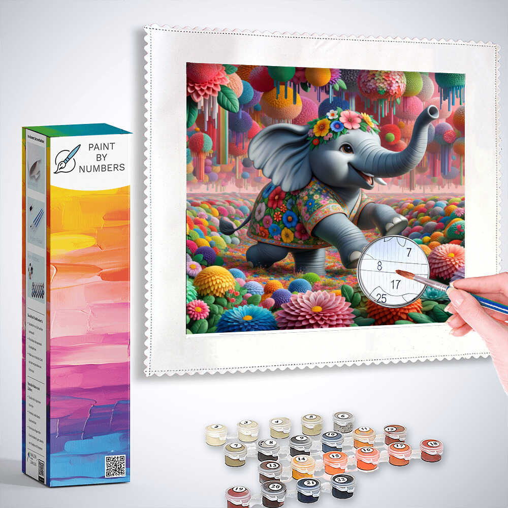 Paint by Numbers - Elephant with flowers, cartoon