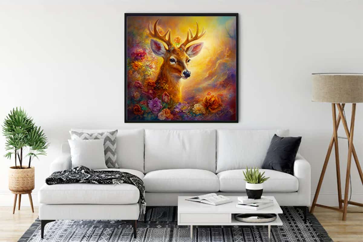 Diamond painting of a deer in a colorful forest, displayed in a modern living room. Paint by Numbers art.