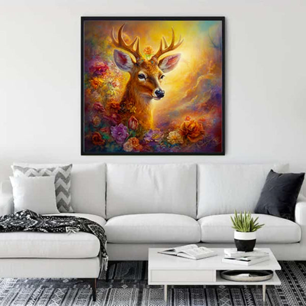 Diamond painting of a deer in a colorful forest, displayed in a modern living room. Paint by Numbers art.
