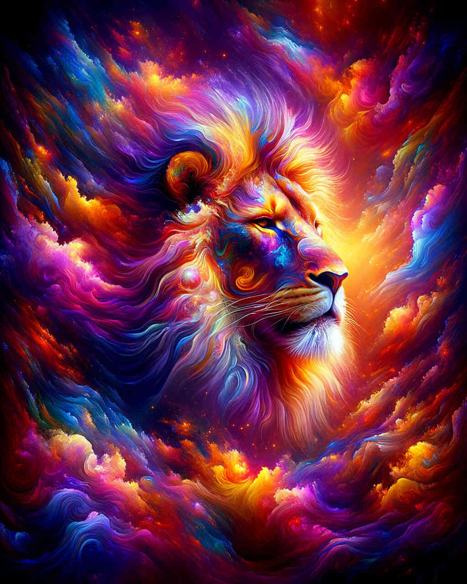 Majestic lion in vibrant neons and purples; abstract and modern paint by numbers art piece showcasing the king of beasts.