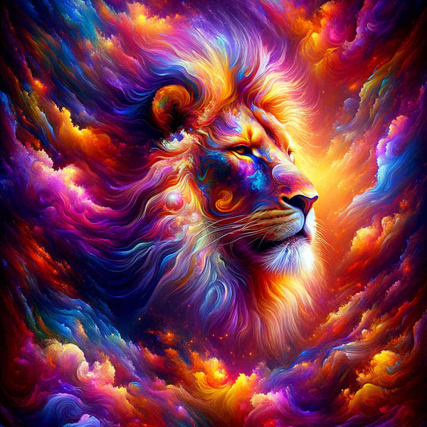 Majestic lion in vibrant neons and purples; abstract and modern paint by numbers art piece showcasing the king of beasts.