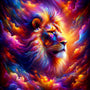 Majestic lion in vibrant neons and purples; abstract and modern paint by numbers art piece showcasing the king of beasts.